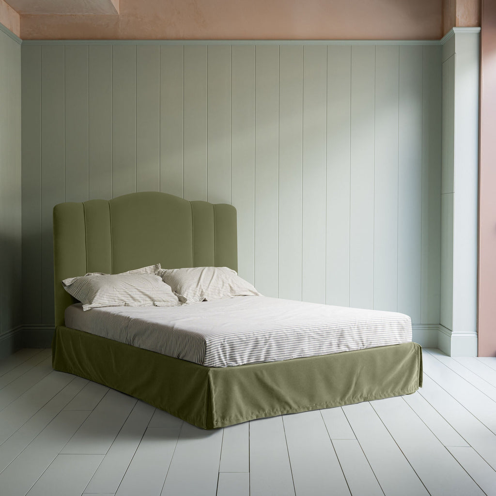 Cloud Nine Upholstered Bed in Intelligent Velvet Green Tea with Kick Pleat Valance.