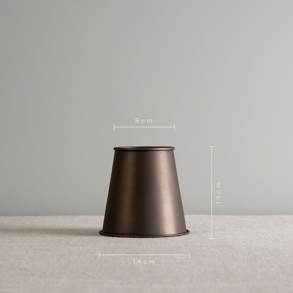 Measurements of Focused Empire Lamp Shade in Waxed Brass with Rolled Edge, in 'cm', Height is 14cm Top Width is 8cm and Bottom Width is 14cm - Nicola Harding