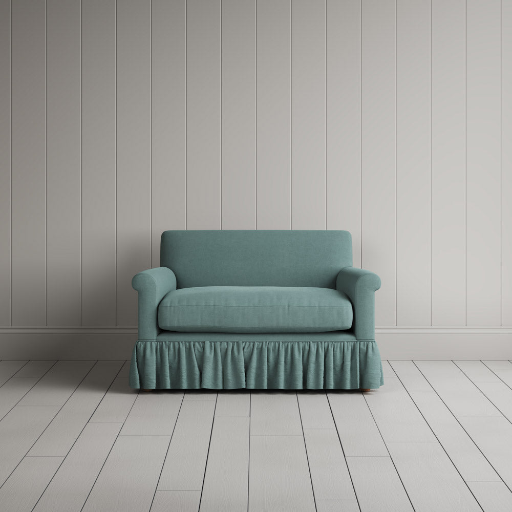 Front View of Curtain Call Love Seat in Laidback Linen Cerulean