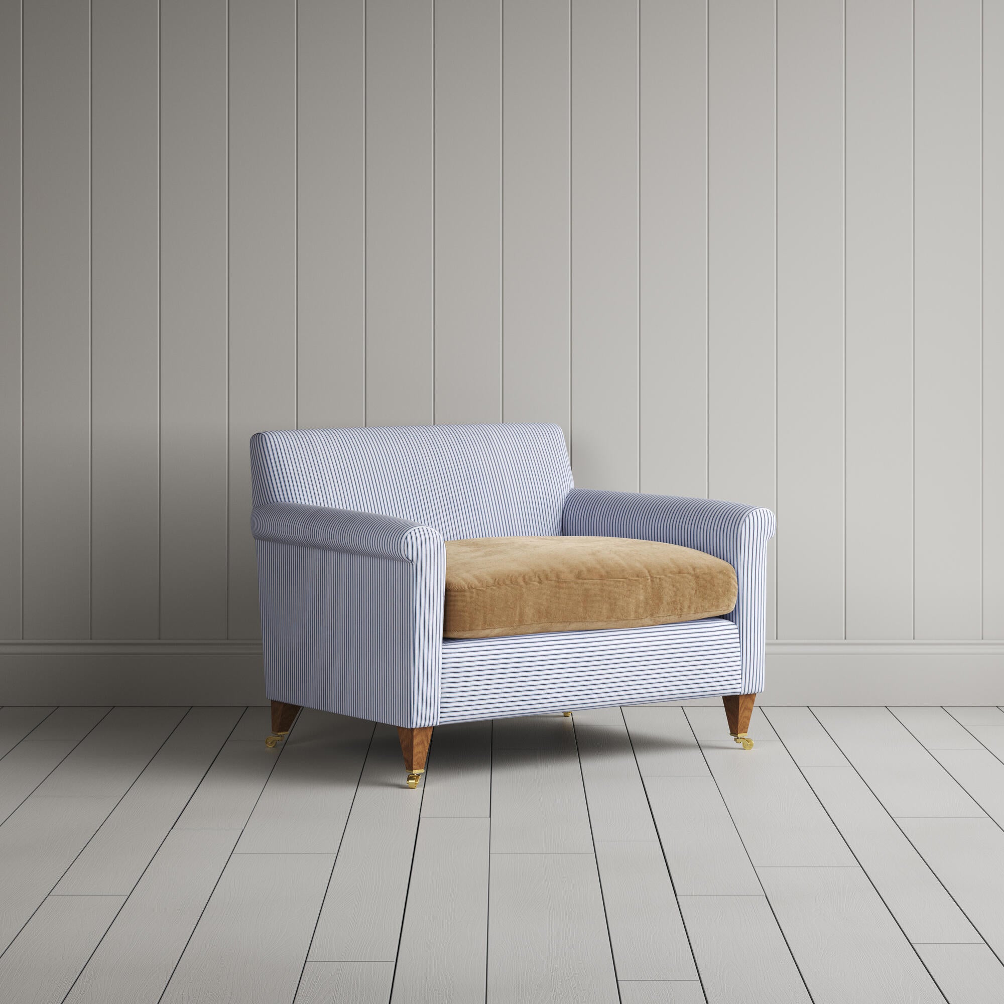 Idler Love Seat in Ticking Aqua Brown Frame and Classic Corduroy Stone Beige Seat angled view