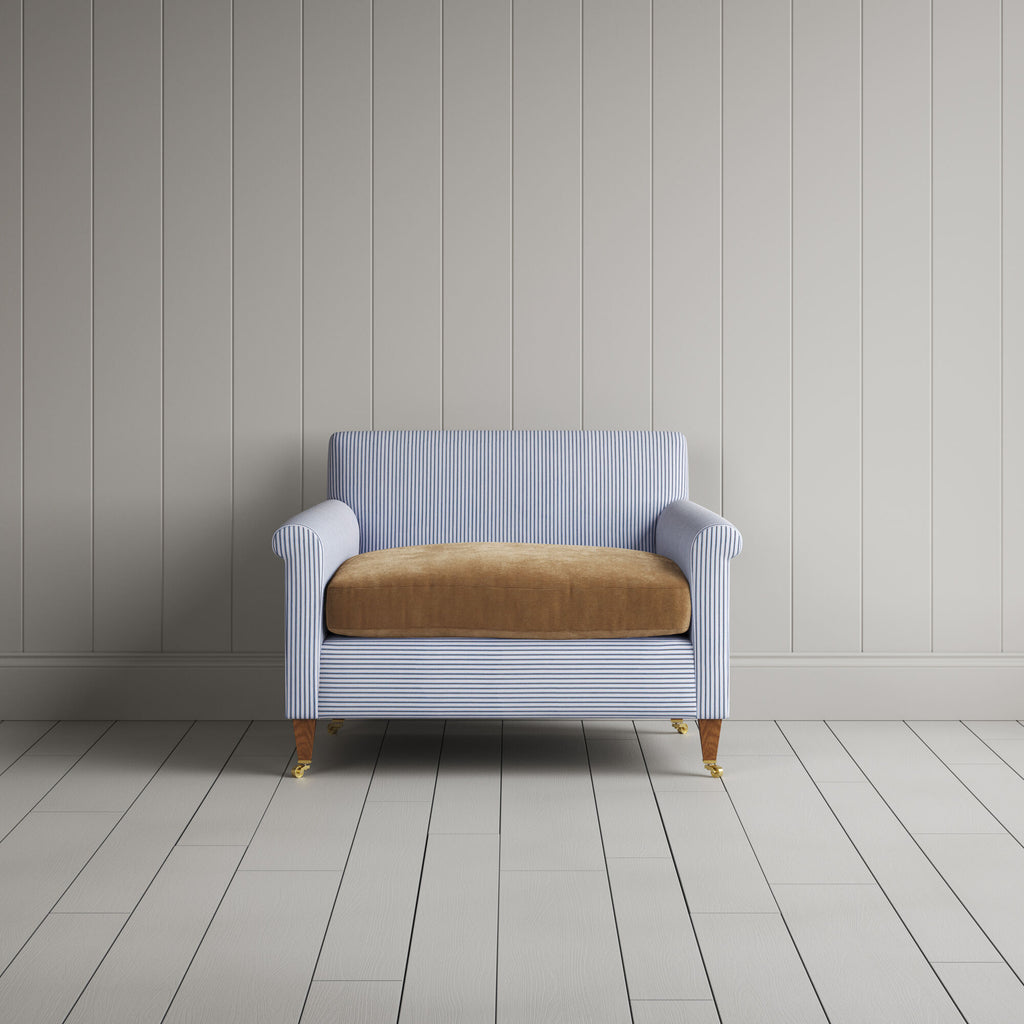 Idler Love Seat in Ticking Aqua Brown Frame and Classic Corduroy Stone Beige Seat front view