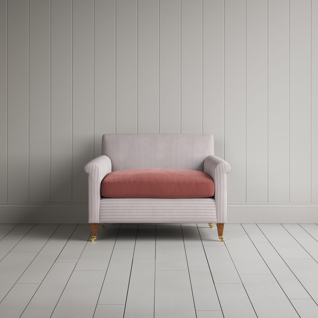 Idler Love Seat in Ticking Berry Frame and Intelligent Velvet Damson Seat front view
