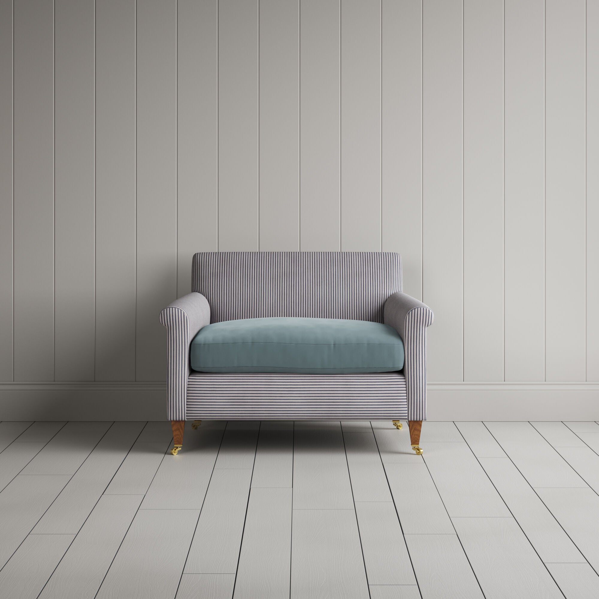 Idler Love Seat in Ticking Blue Brown Frame front view