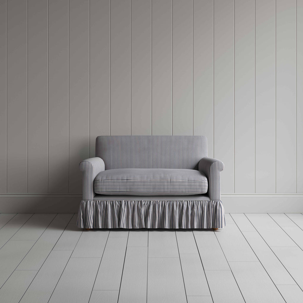 Curtain Call Love Seat in Ticking Cotton, Blue Brown - Nicola Harding