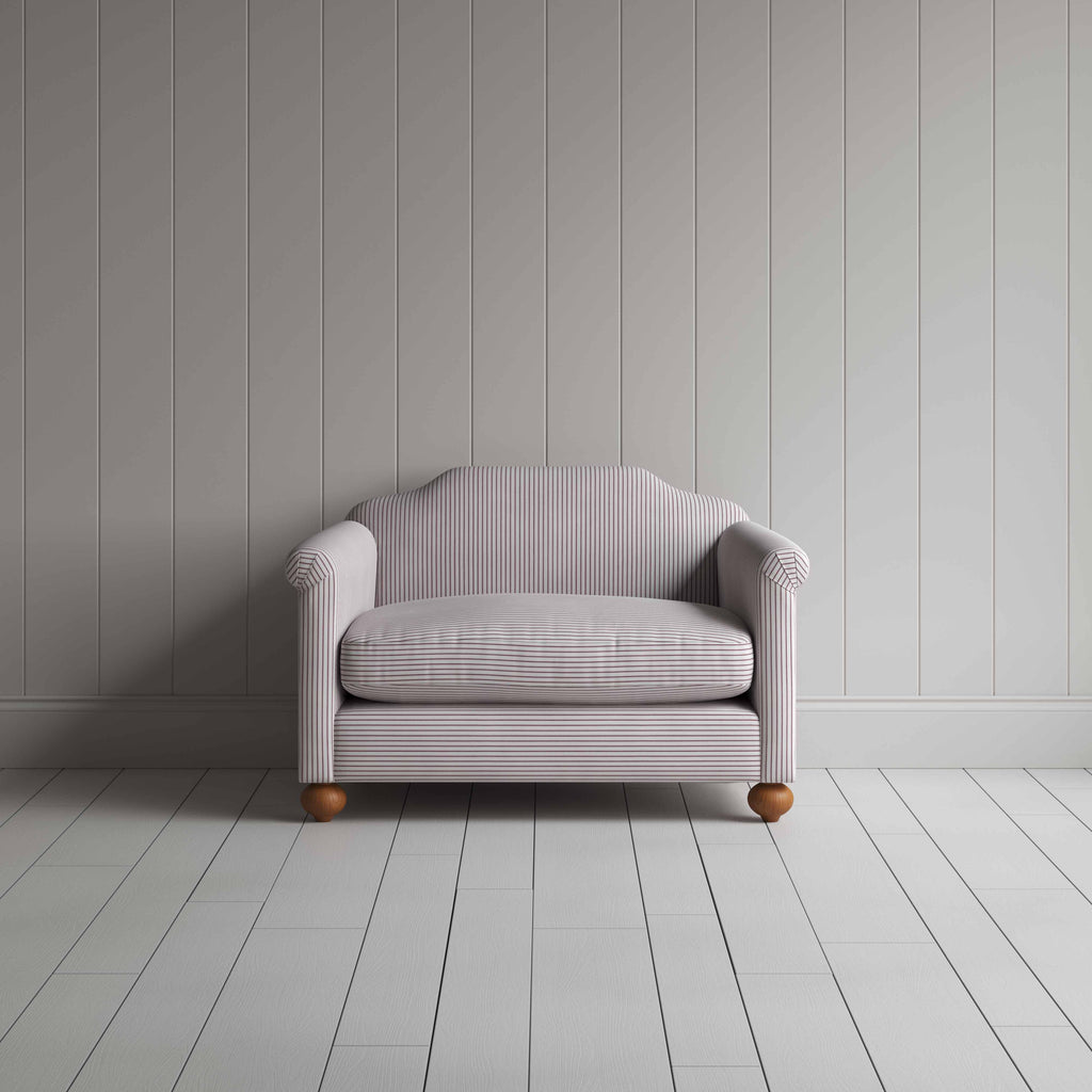 Dolittle Love Seat in Ticking Cotton, Berry, Front View - Nicola Harding
