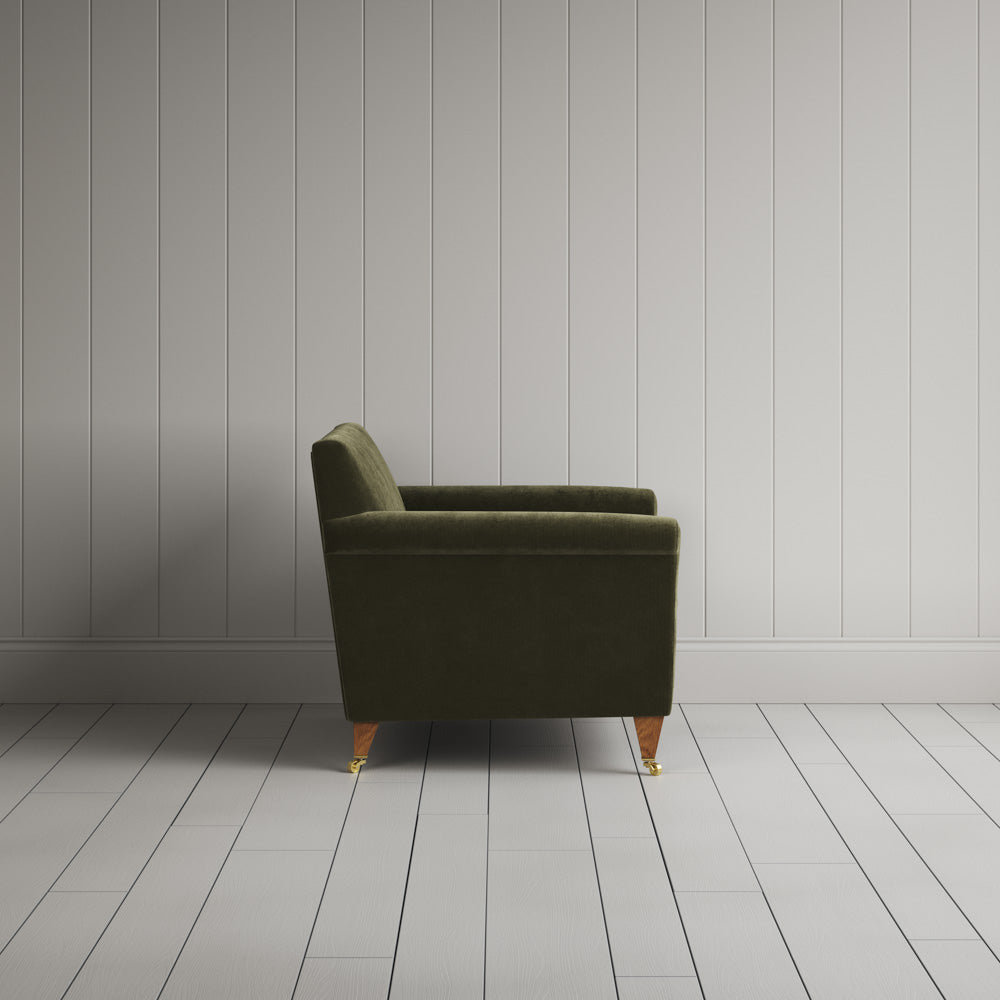 Side view of Idler Love Seat in Caper Classic Corduroy, an olive green color