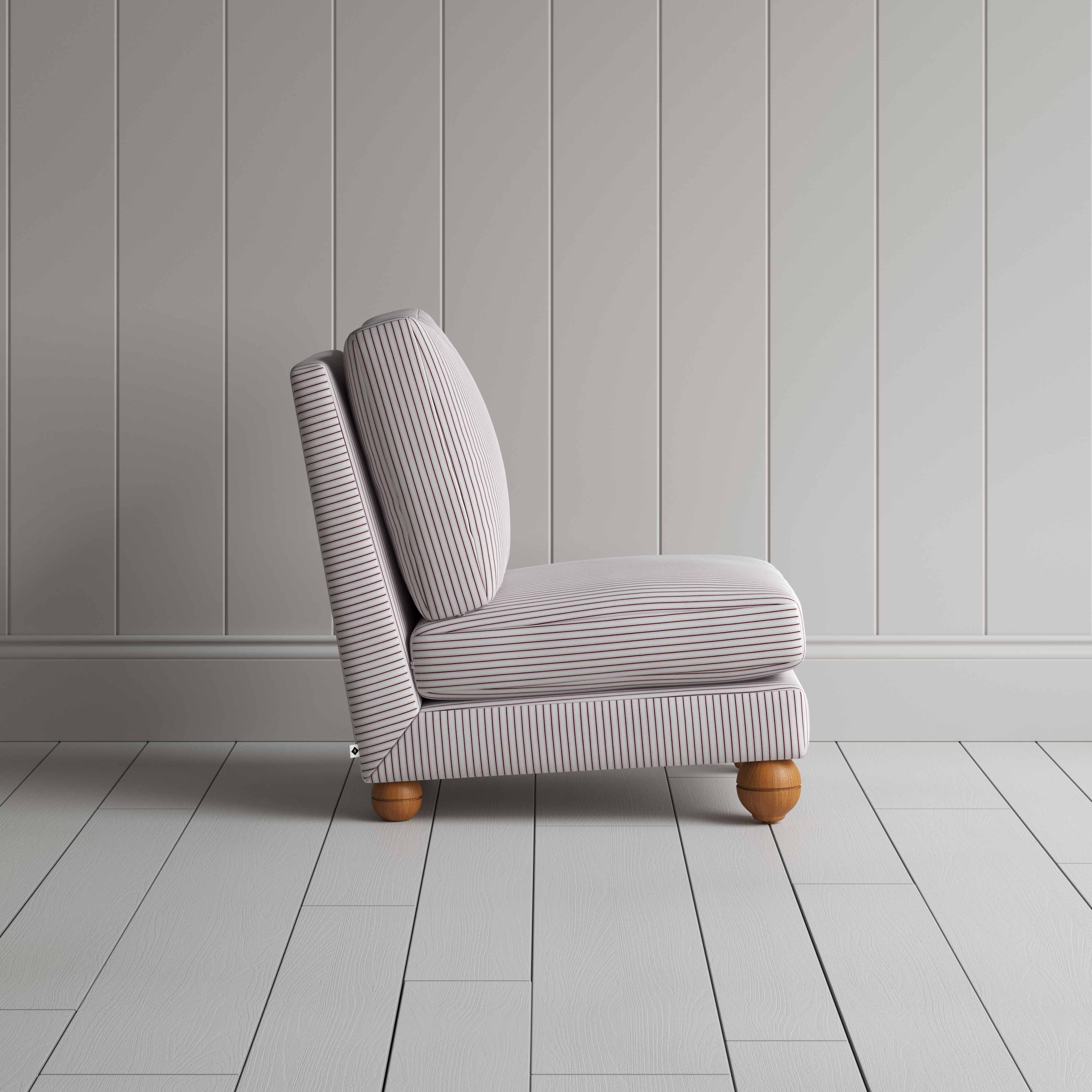Perch Slipper Armchair in Ticking Cotton, Blue Brown Side View - By NiX