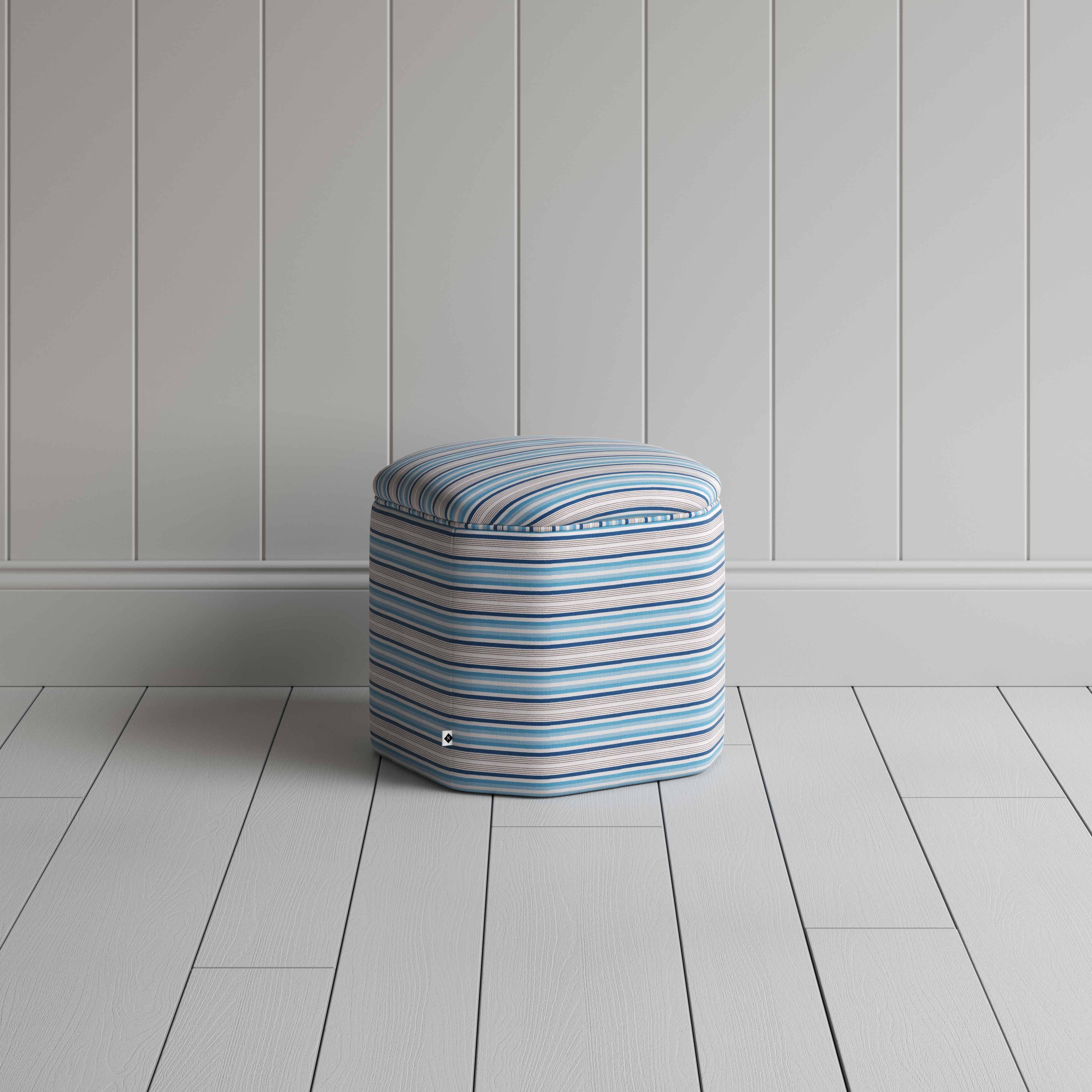 Thither Hexagonal Ottoman in Slow Lane Cotton Linen, Blue - NiX