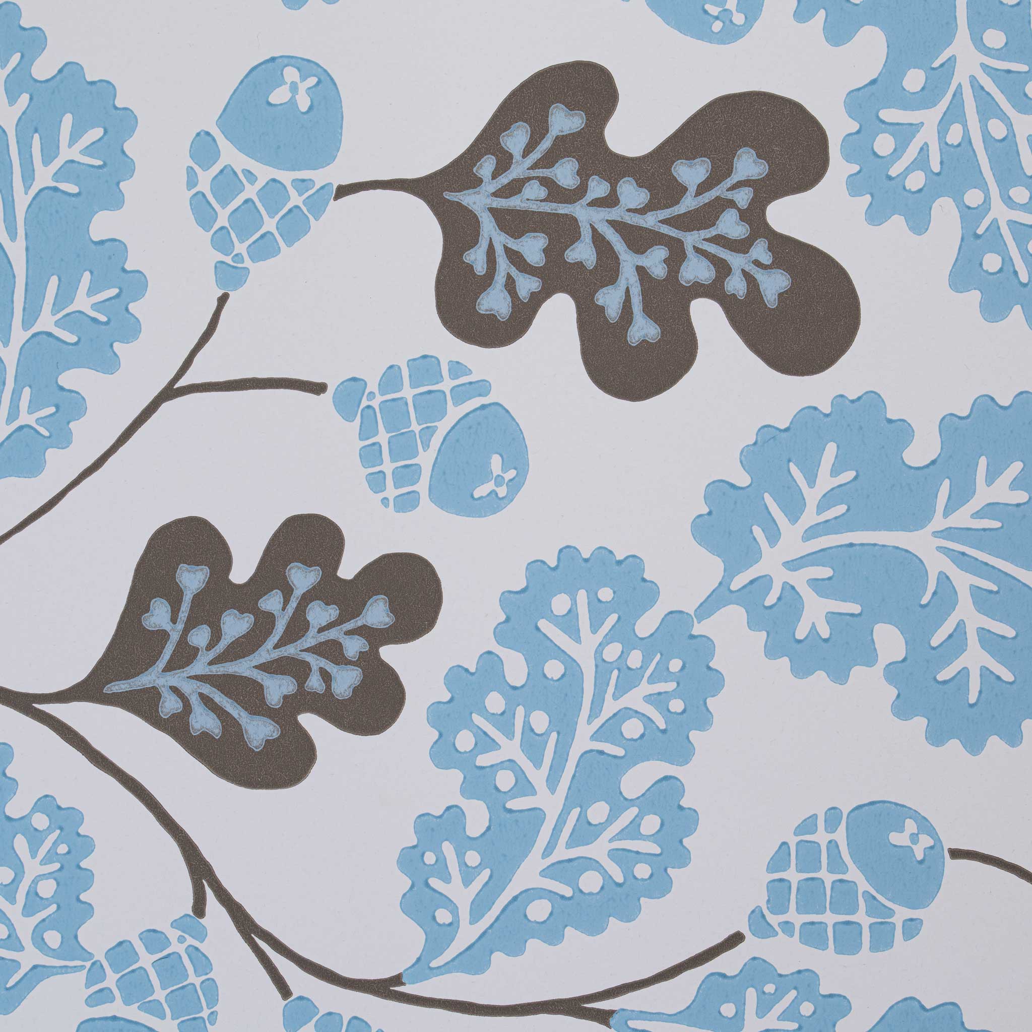 The design pattern of Acorn wallpaper in Sugarbag Blue and Mushroom, designed by Nicola Harding & Co.
