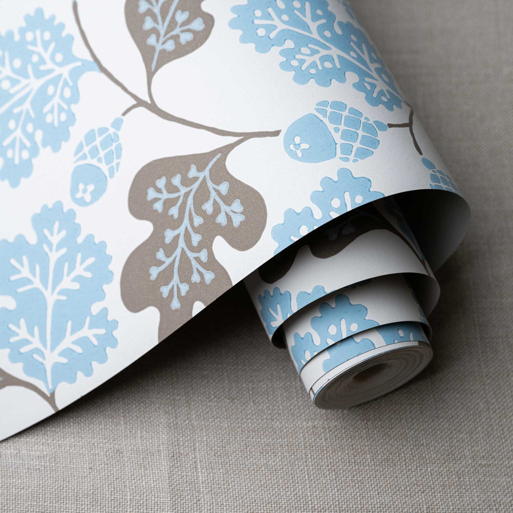 Acorn Wallpaper in Sugarbag Blue and Mushroom - Nicola Harding
