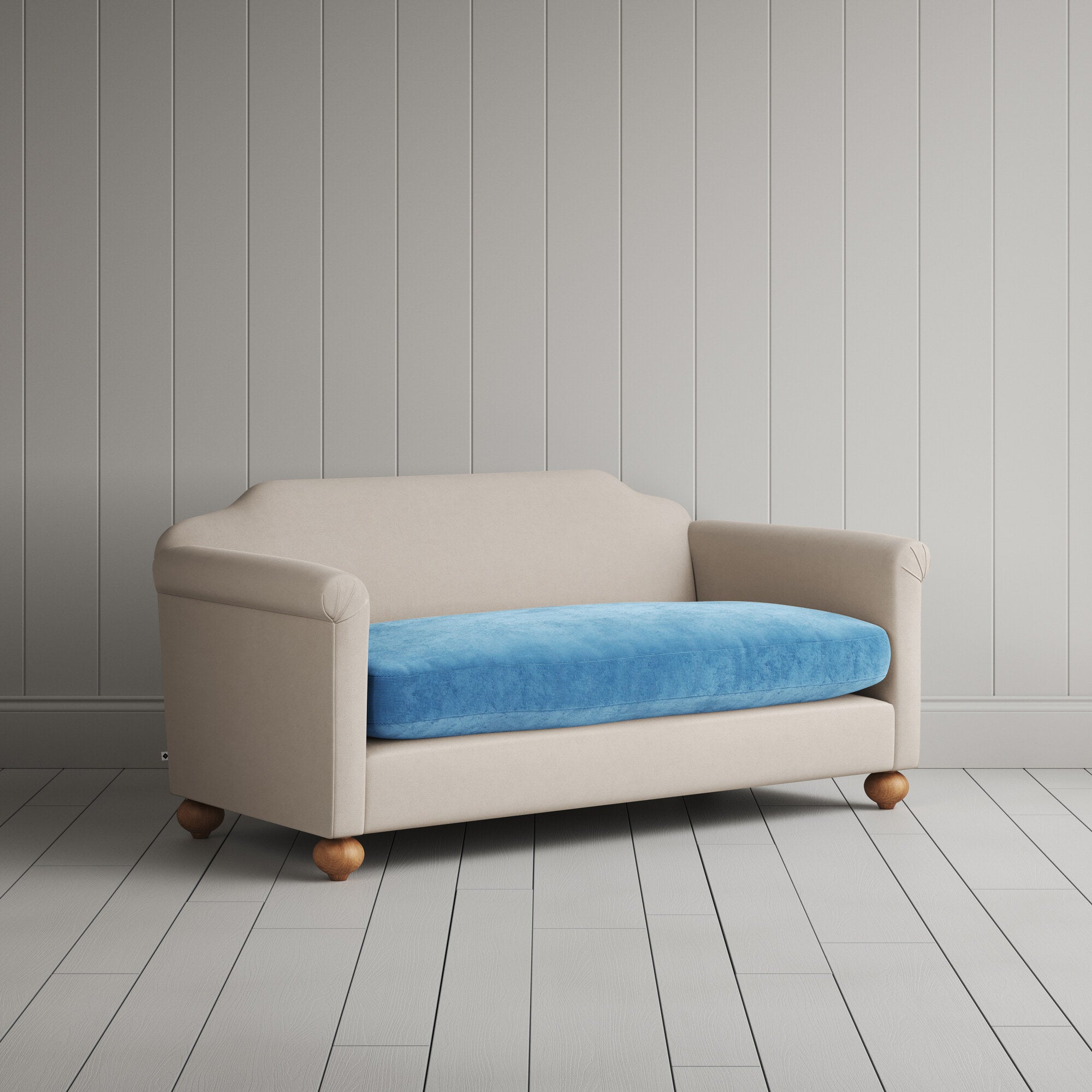  Dolittle 2 seater sofa in Laidback Linen Dove Frame and Classic Corduroy Harbour Blue Seat 