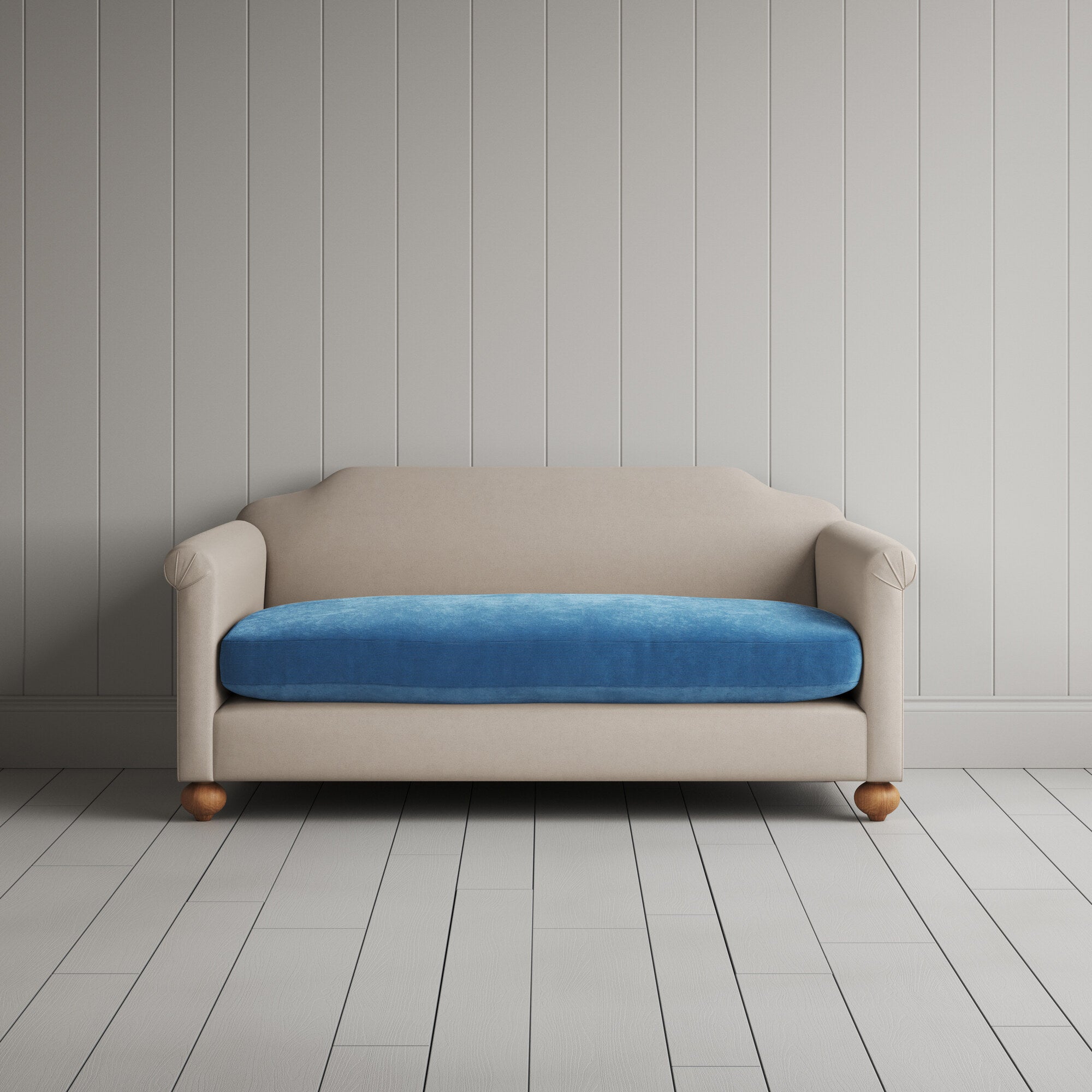  Dolittle 2 seater sofa in Laidback Linen Dove Frame and Classic Corduroy Harbour Blue Seat 
