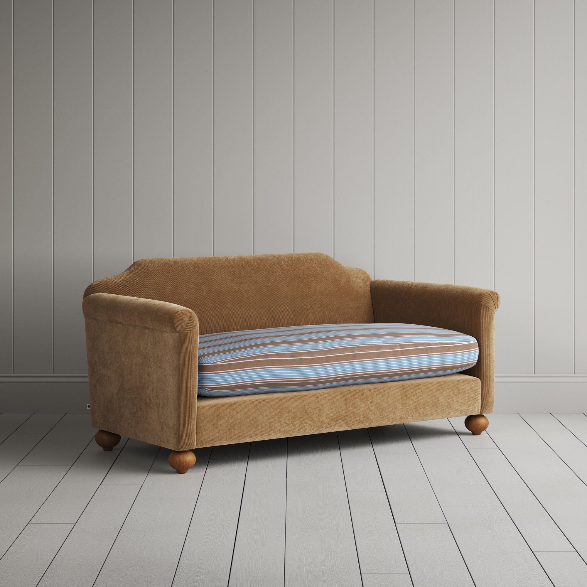  Dolittle 2 seater sofa in Classic Corduroy Stone Beige Frame and Regatta Blue Seat 