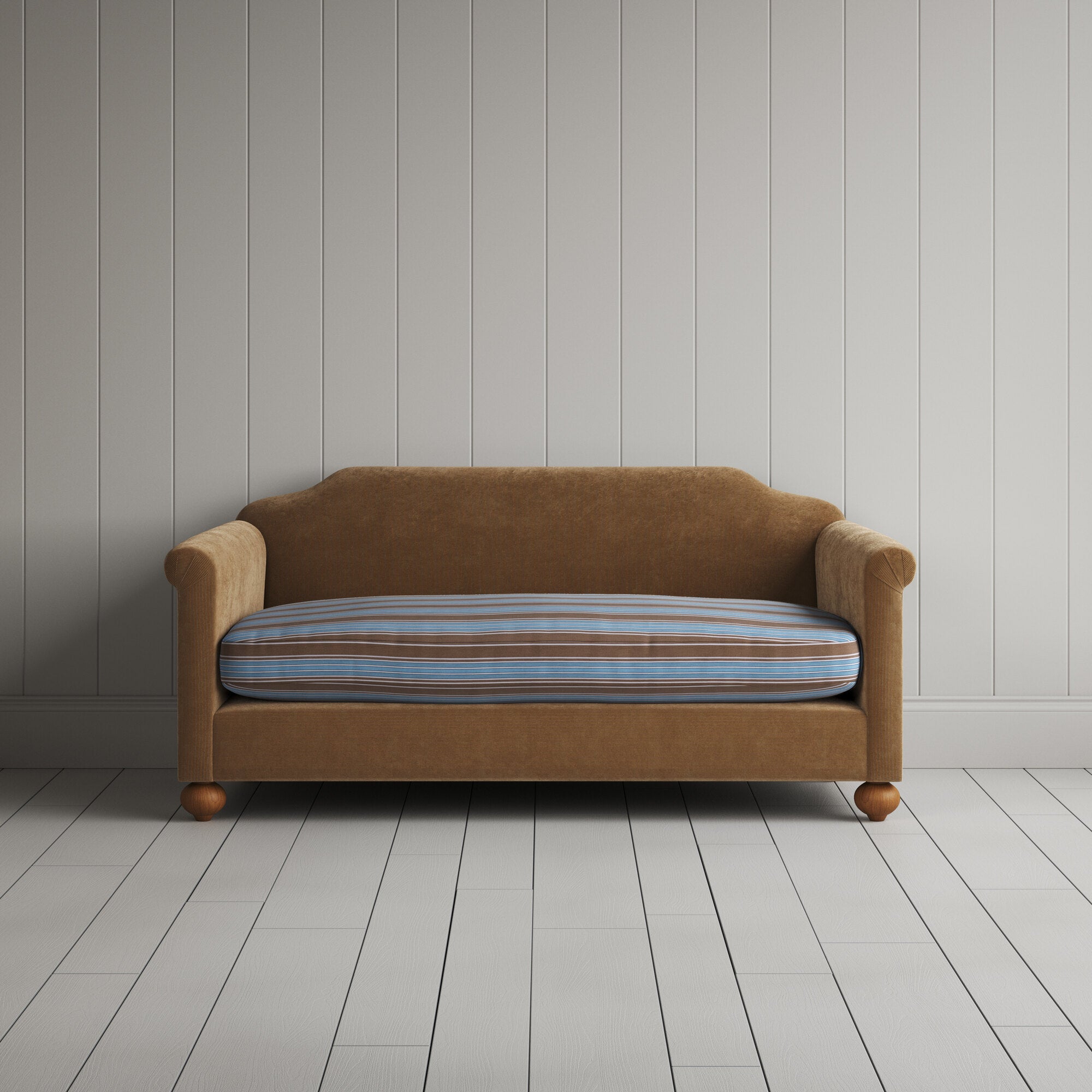  Dolittle 2 seater sofa in Classic Corduroy Stone Beige Frame and Regatta Blue Seat 