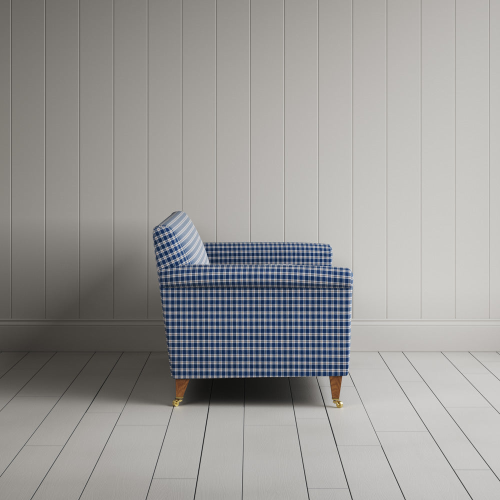 Side View of Idler 2 Seater Sofa in Well Plaid Cotton, Blue Brown