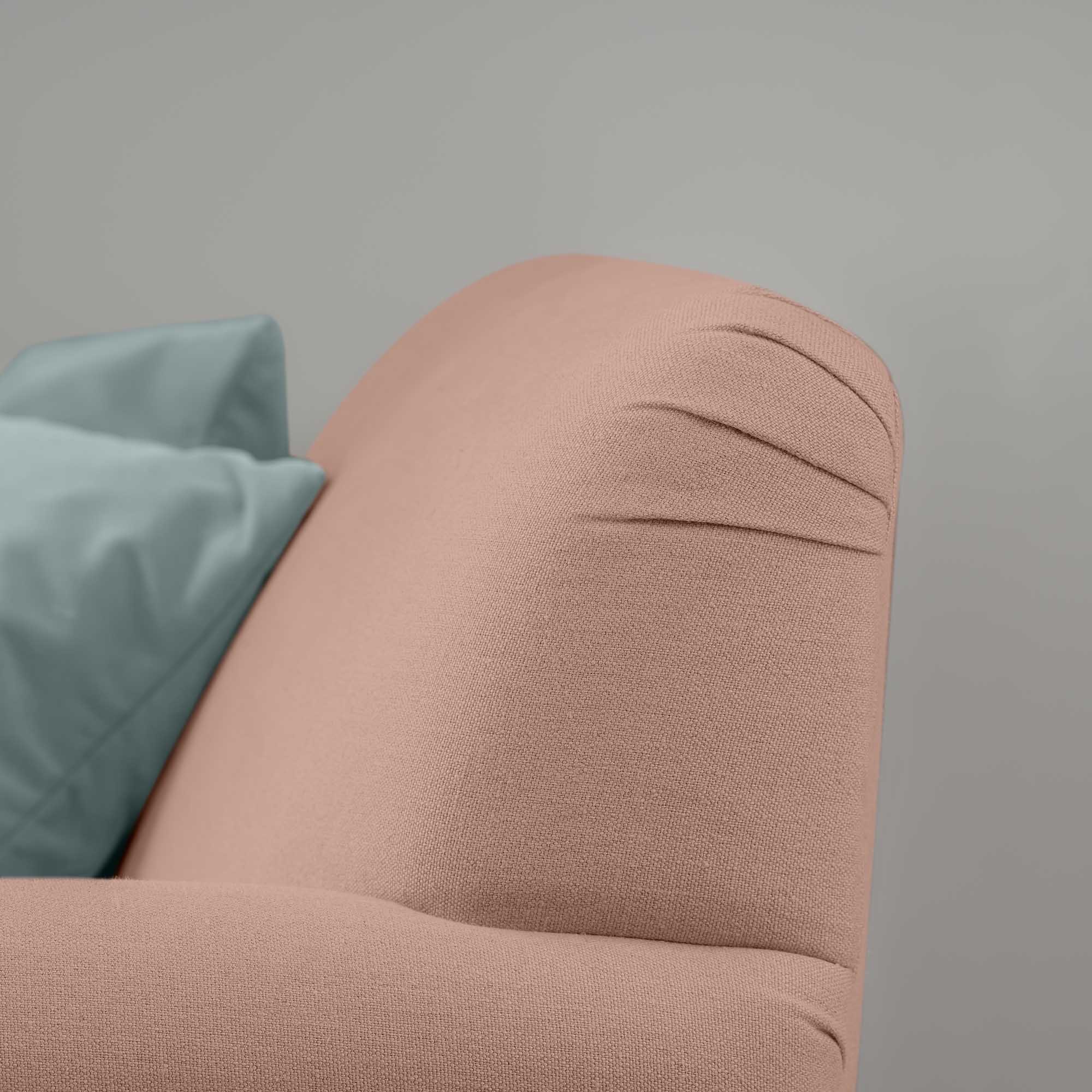  Curtain Call Love Seat close-up detail of the rounded backrest corner in laidback linen roseberry. 