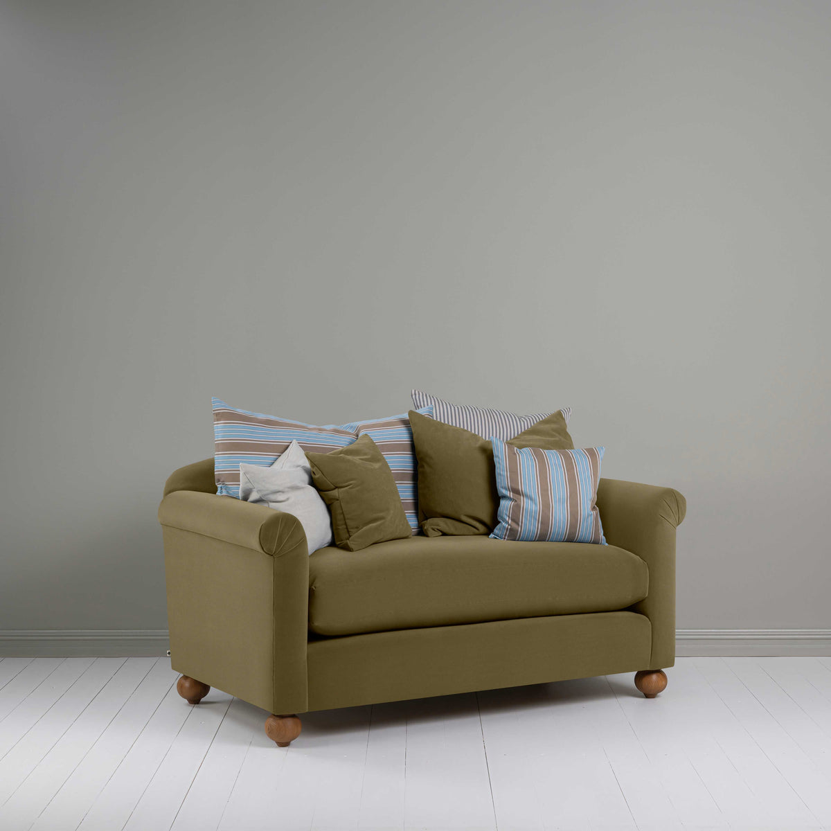 Dolittle 2 Seater Sofa in Intelligent Velvet Sepia in Side View With Cushions - Nicola Harding