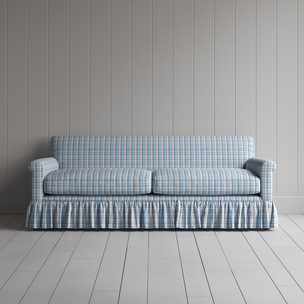  Front View of Curtain Call 3 Seater Sofa in Square Deal Cotton, Blue Brown 