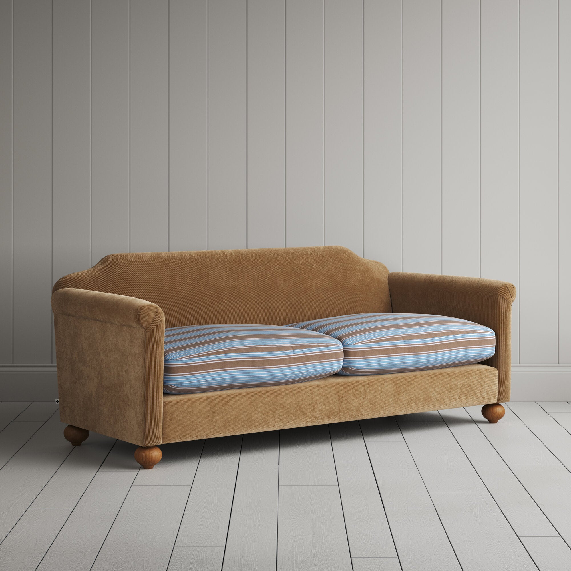  Dolittle 3 seater sofa in Classic Corduroy Stone Beige Frame and Regatta Cotton Blue Seat 