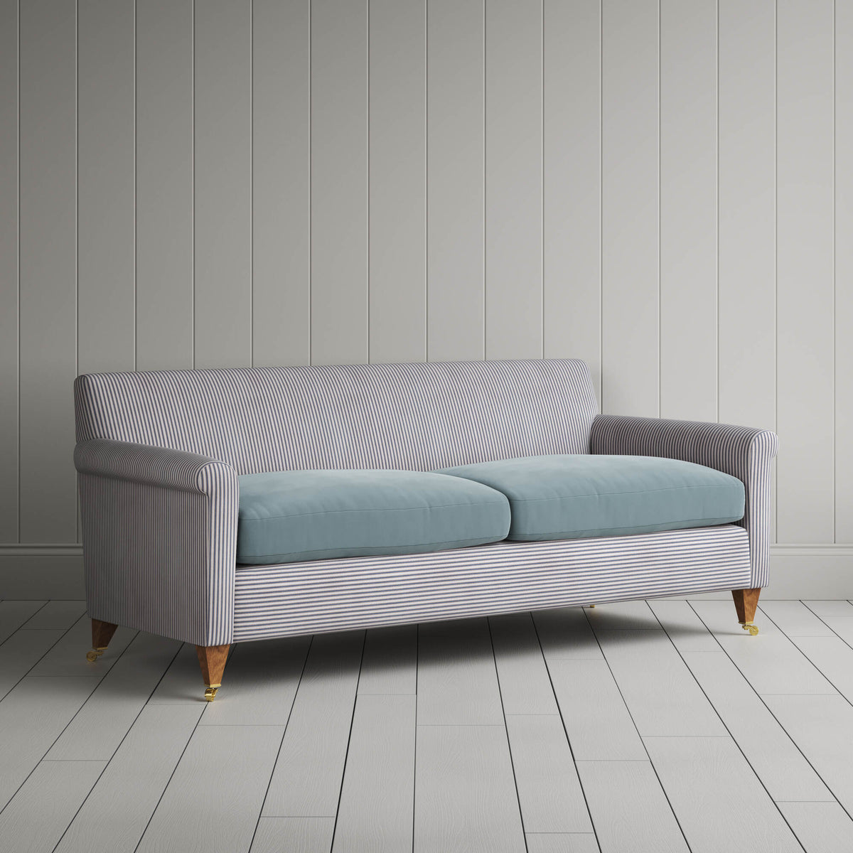 Idler 3 seater sofa in Ticking Blue Brown and Velvet Mineral angled front view
