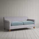 Idler 3 seater sofa in Ticking Blue Brown and Velvet Mineral angled front view