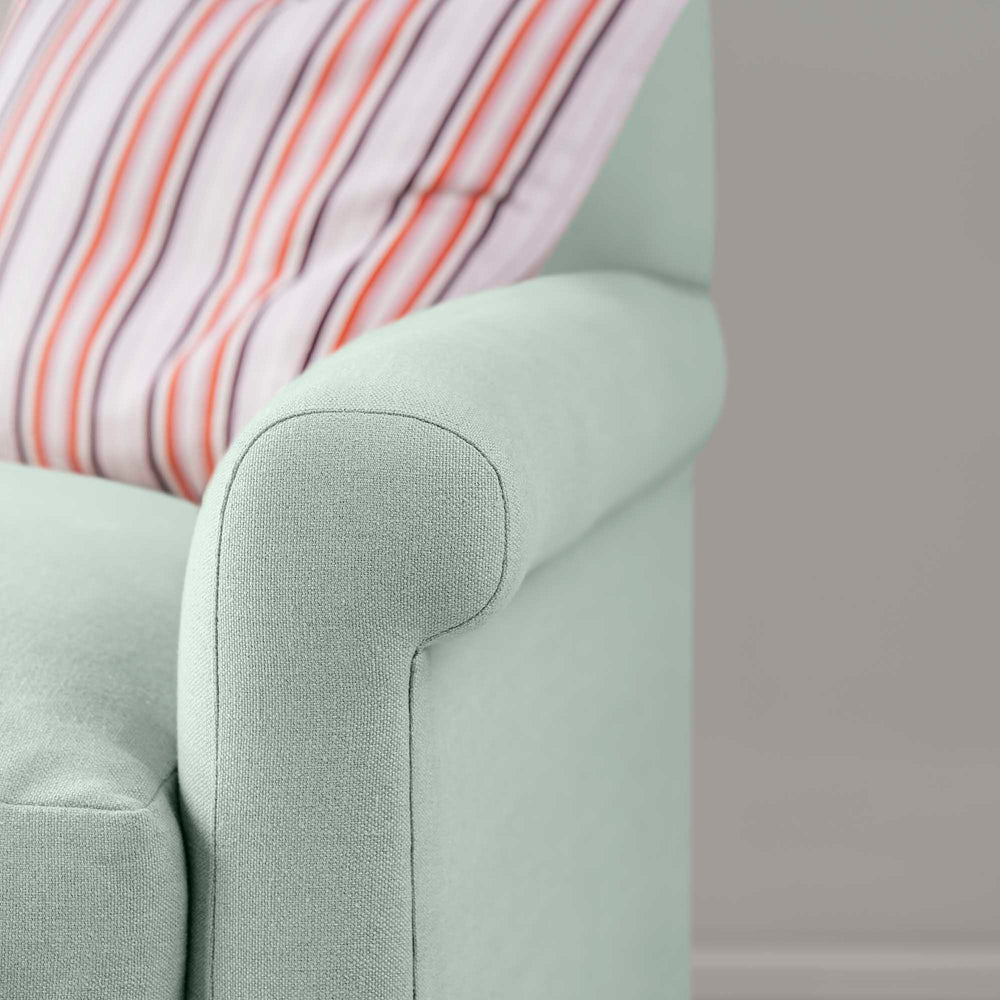 Detailed view of Sky linen upholstery on the armrest by Nicola Harding.
