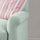 Detailed view of Sky linen upholstery on the armrest by Nicola Harding.