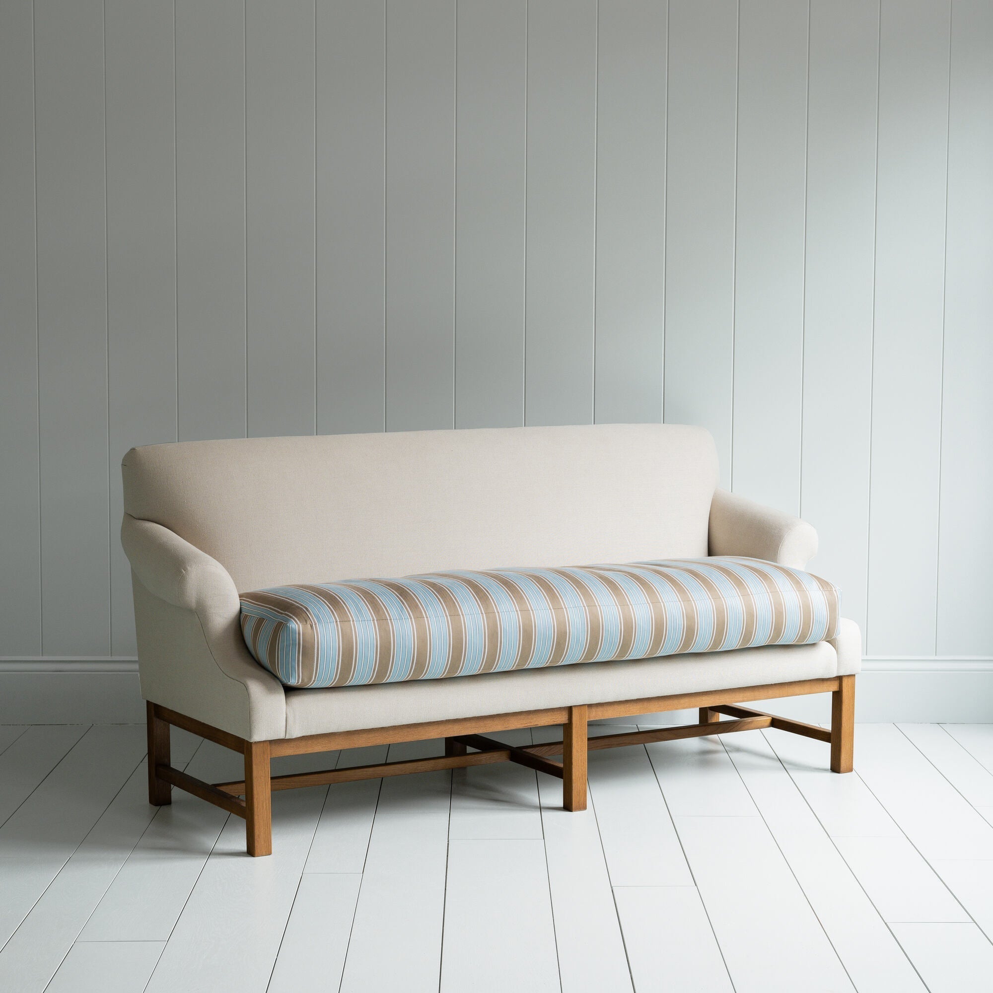  Front Row 3 Seater Upholstered Bench in Laidback Linen Dove Frame and Regatta Cotton Blue Seat - By Nicola Harding & Co. 