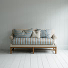 Front View of Front Row 3 Seater Upholstered Bench in Laidback Linen Dove Frame and Regatta Cotton Blue Seat With 3 Cushions  - By NiX