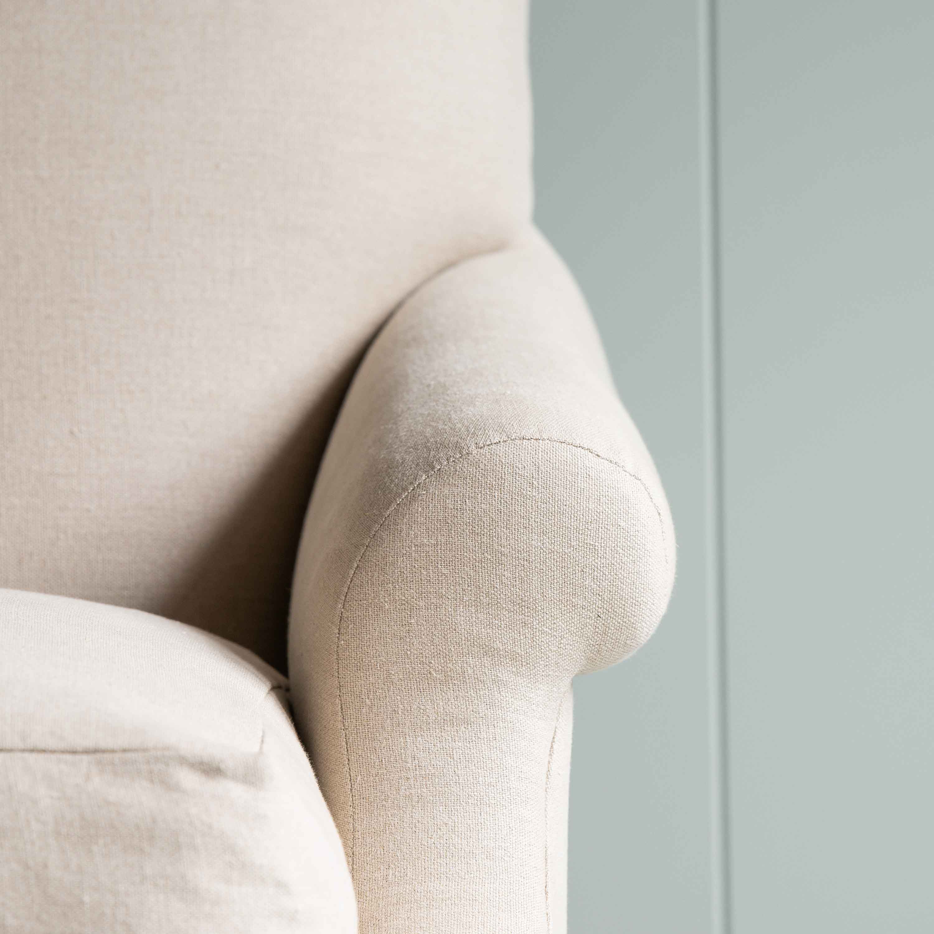  Arm Design Closeup of Front Row 3 Seater Upholstered Bench in Laidback Linen Dove Frame and Regatta Cotton Blue Seat - Nicola Harding & Co. 