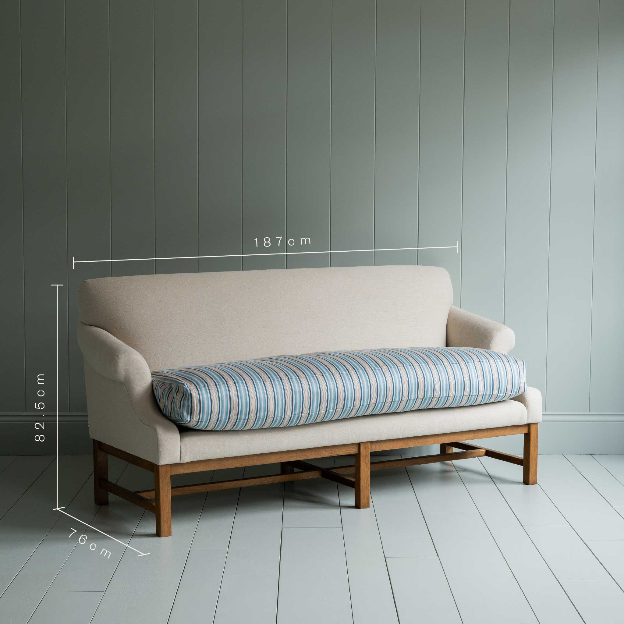  Front Row 3 Seater Upholstered Bench in Laidback Linen Dove Frame and Slow Lane Cotton Linen Blue Seat - Nicola Harding 