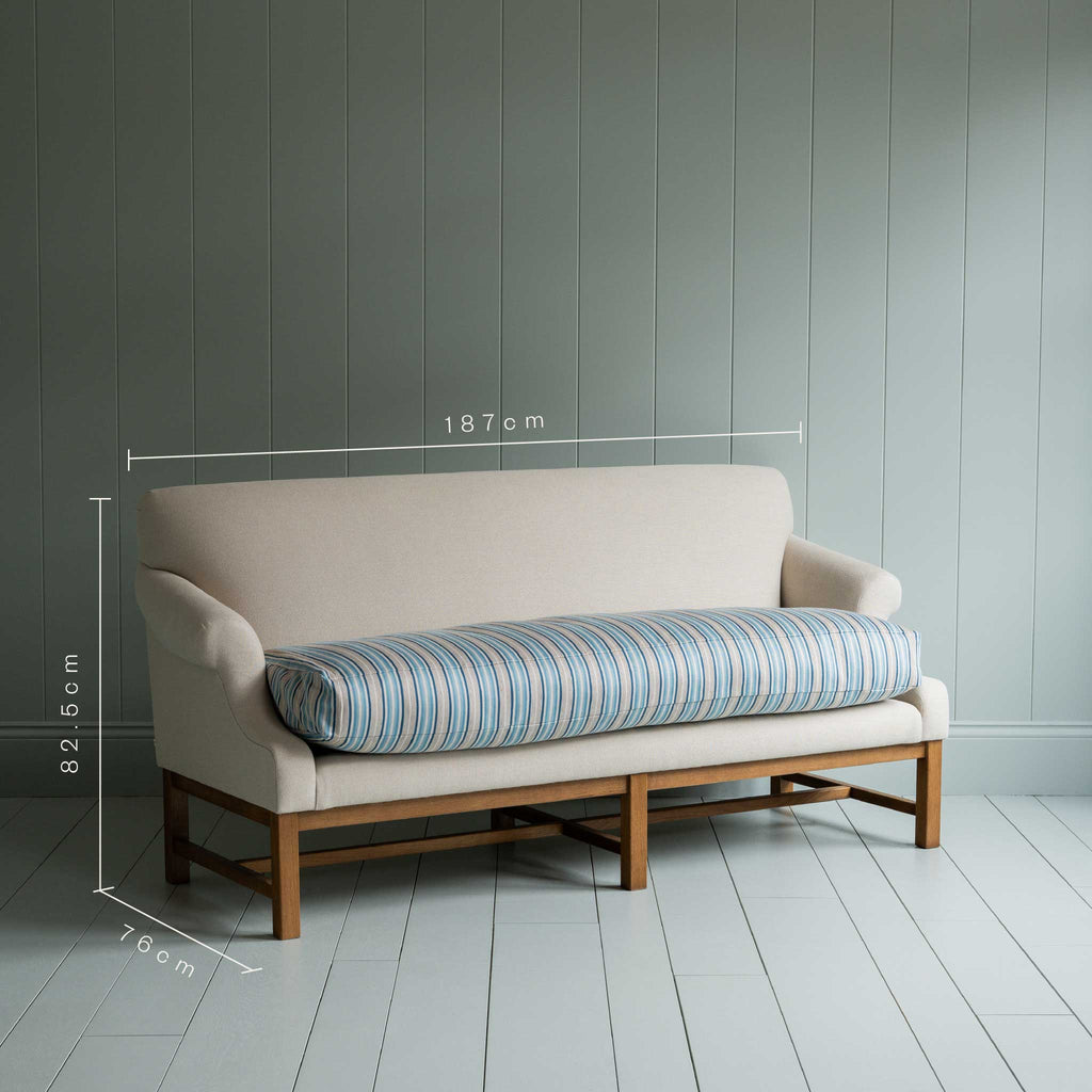  Front Row 3 Seater Upholstered Bench in Laidback Linen Dove Frame and Slow Lane Cotton Linen Blue Seat - Nicola Harding 