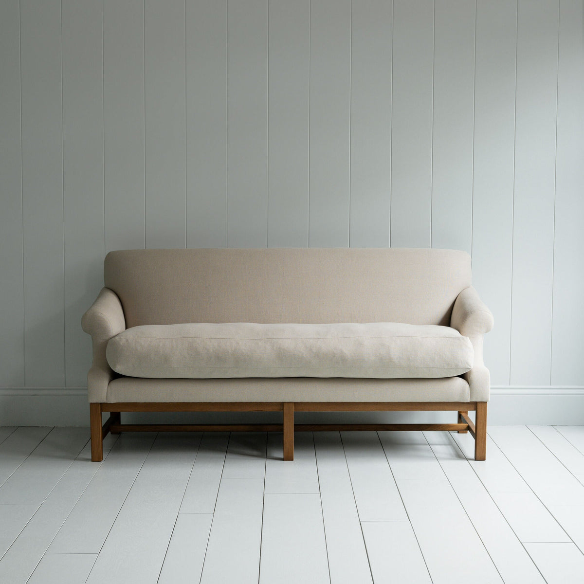 Front View of Front Row 3 Seater Upholstered Bench in Laidback Linen Dove - By NiX