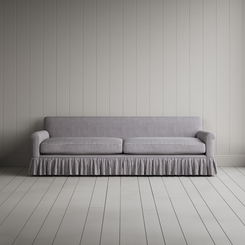 Front view of 4 seater sofa Curtain Call 4 Seater Sofa in Ticking Cotton, Blue Brown