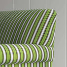Nicola Harding Curtain Call love seat arm closeup, Colonnade Cotton Green and Wine