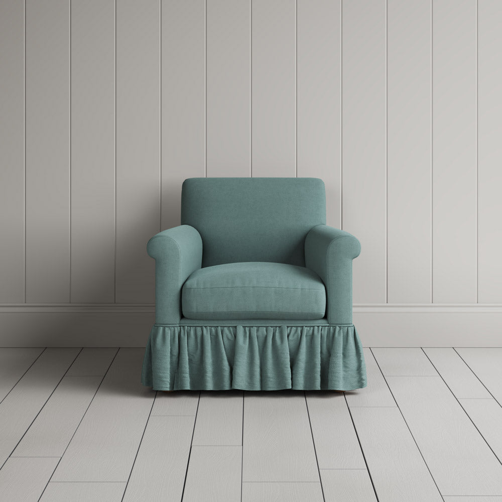 Front View of Curtain Call Armchair in Laidback Linen Cerulean