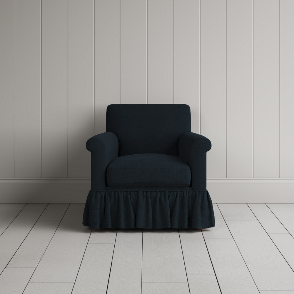  Front View  of Curtain Call Armchair in Laidback Linen Midnight 