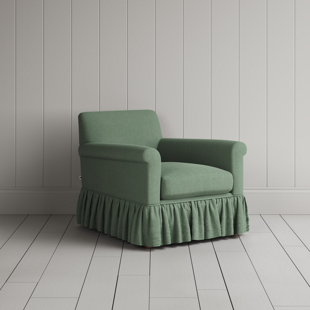  Curtain Call Armchair in Laidback Linen Moss angled view - Nicola Harding 