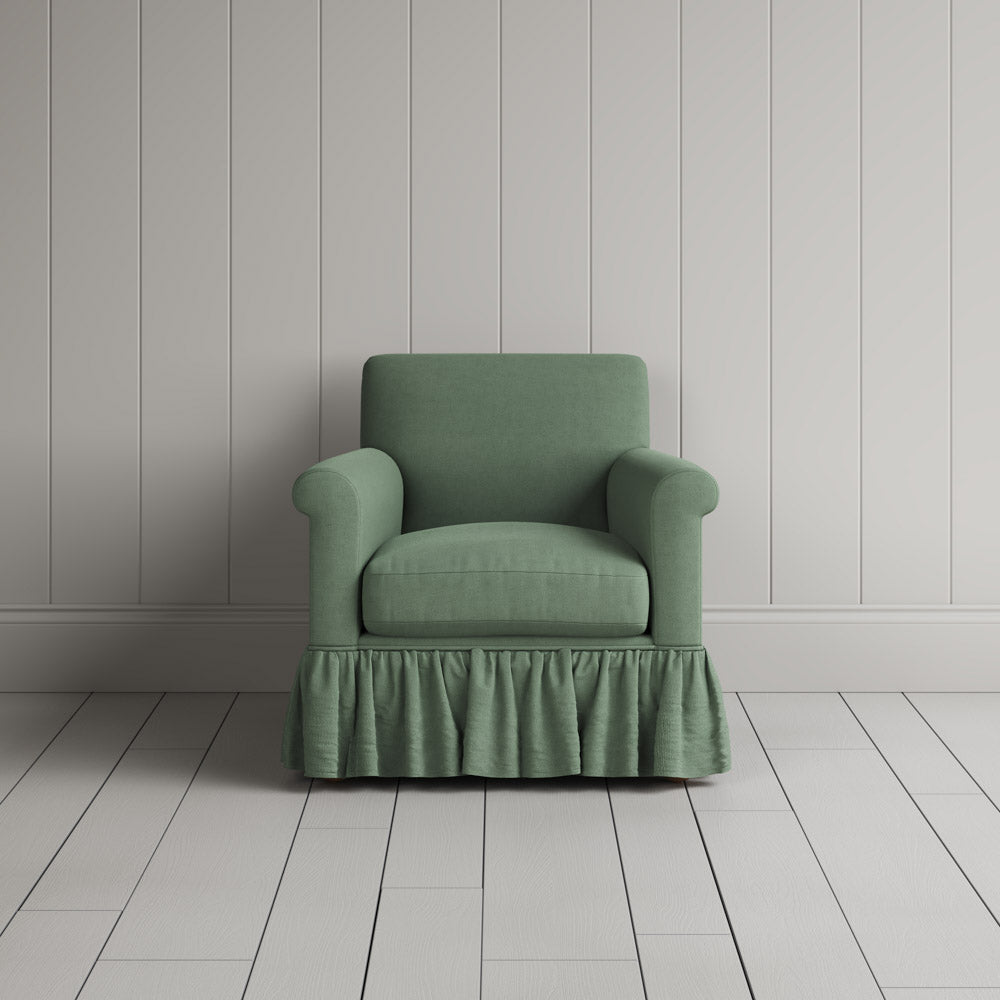  Curtain Call Armchair in Laidback Linen Moss full front view - Nicola Harding  