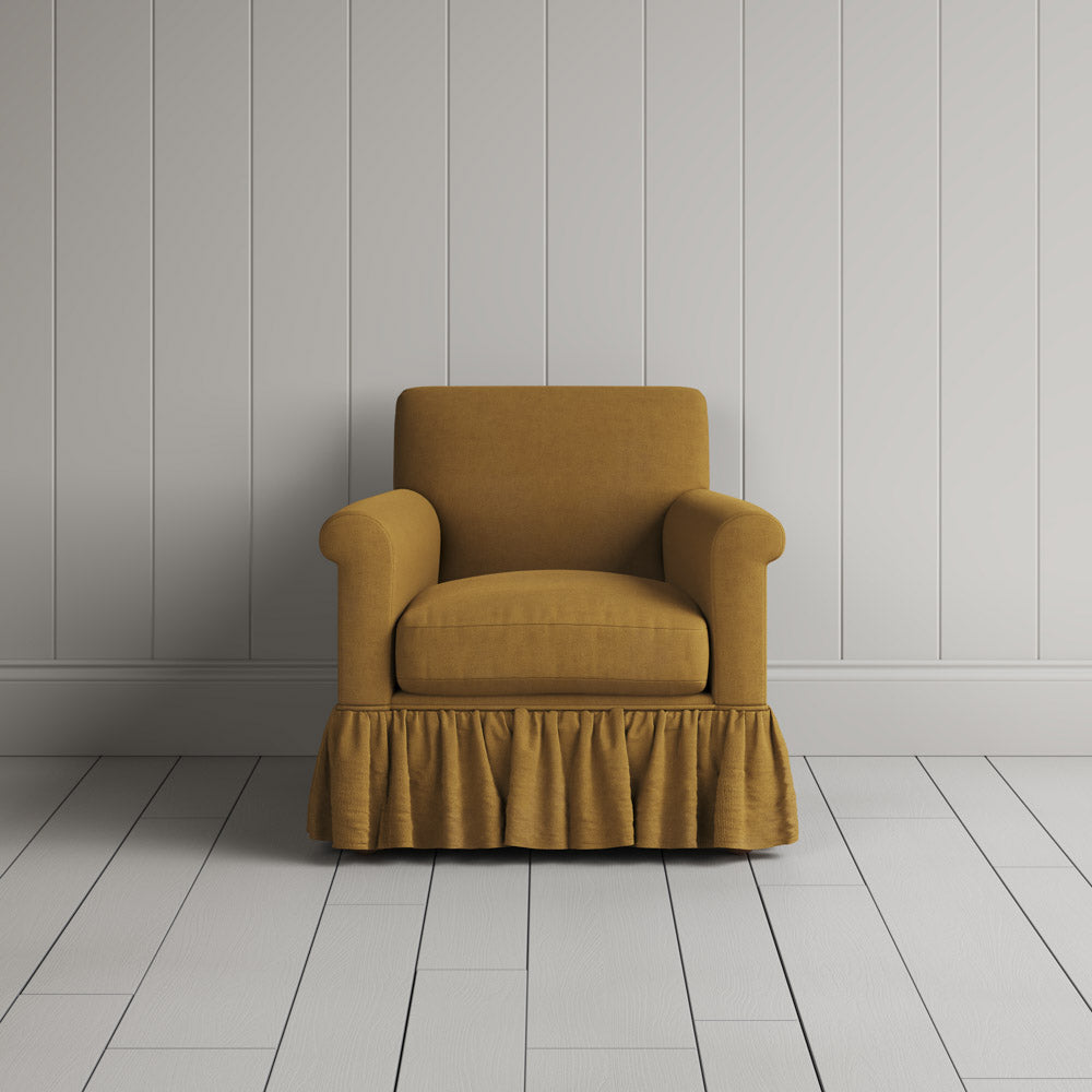 Front View of Curtain Call Armchair in Laidback Linen Ochre