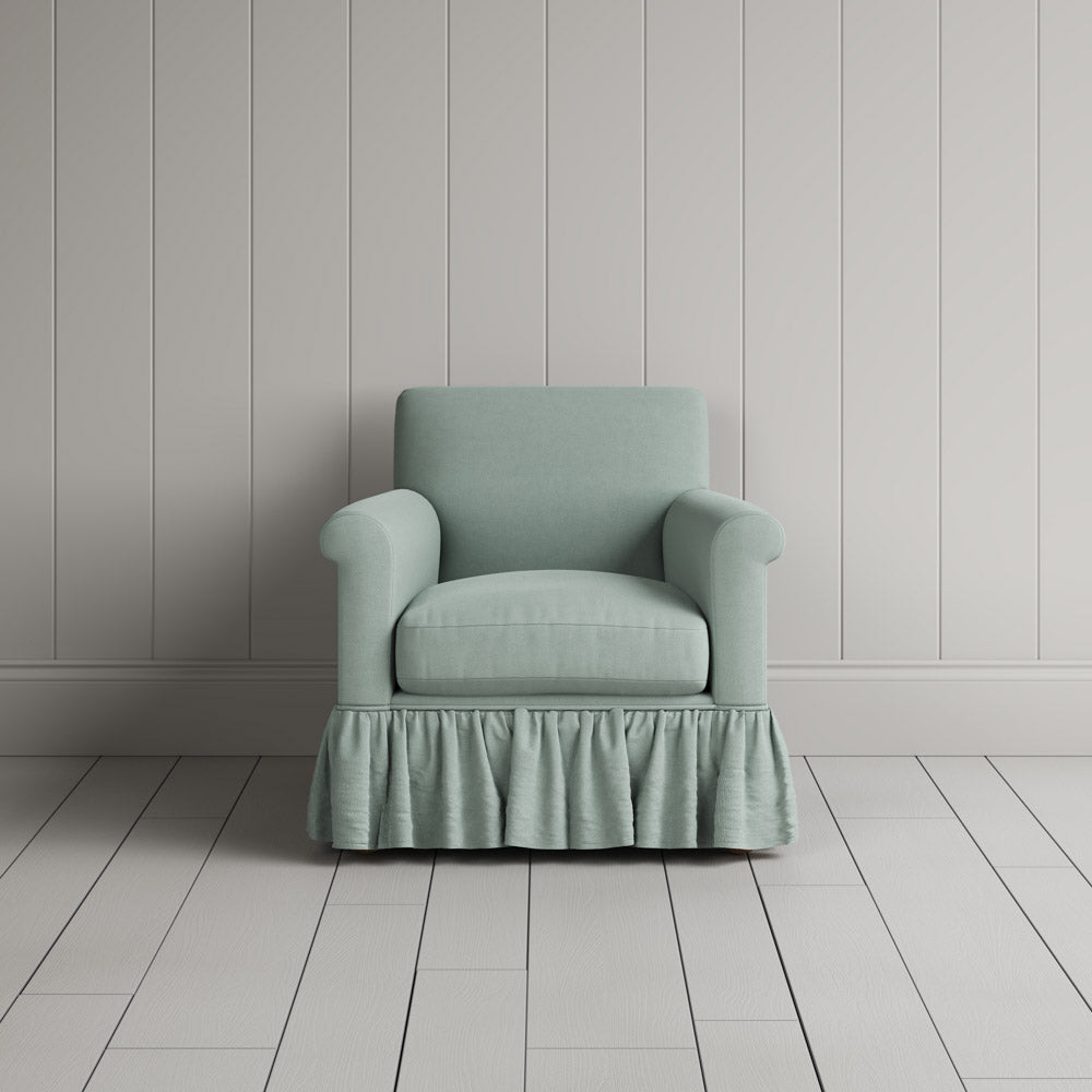  Front View of Curtain Call Armchair in Laidback Linen Sky 