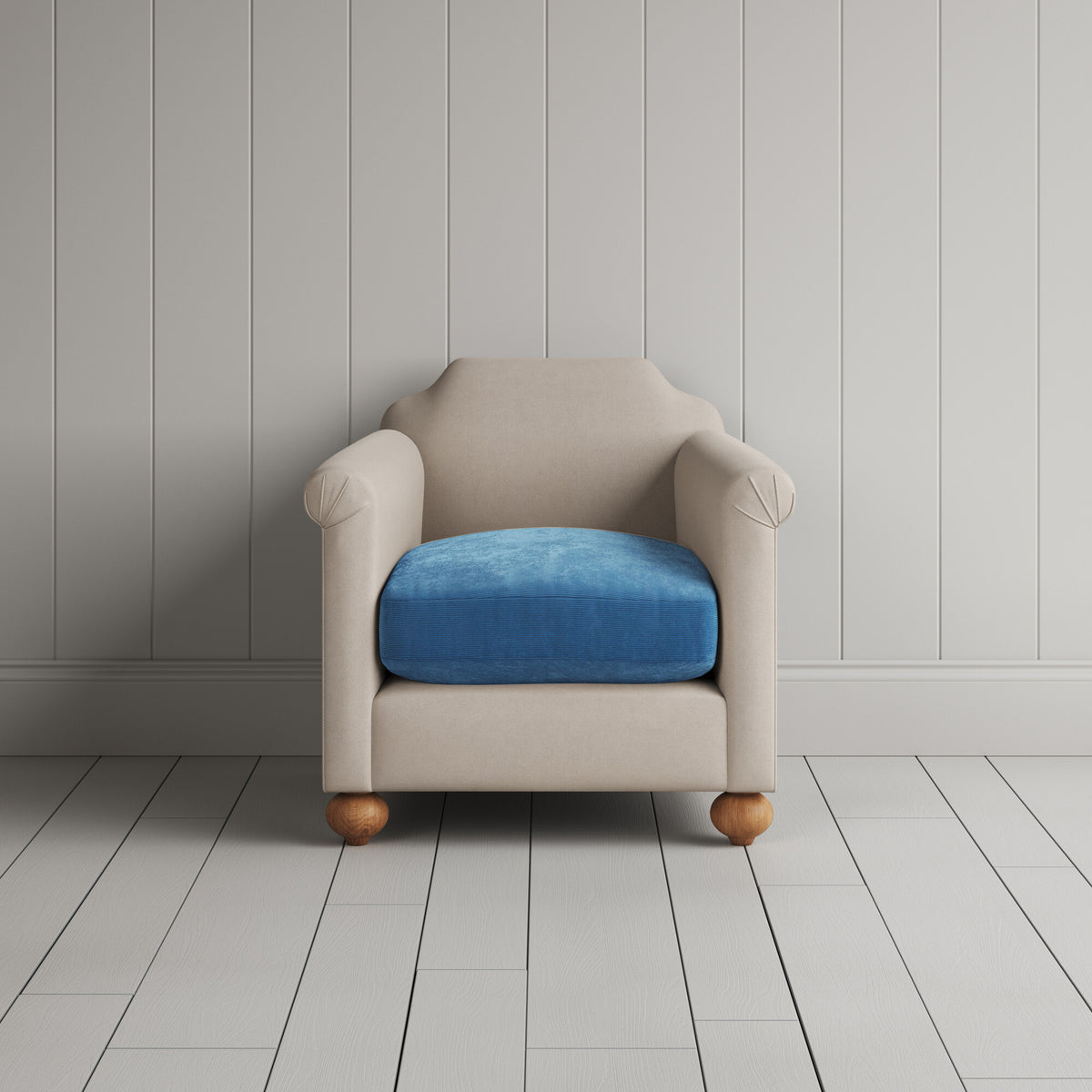 Dolittle Armchair in Laidback Linen Dove Frame and Classic Corduroy Harbour Blue Seat