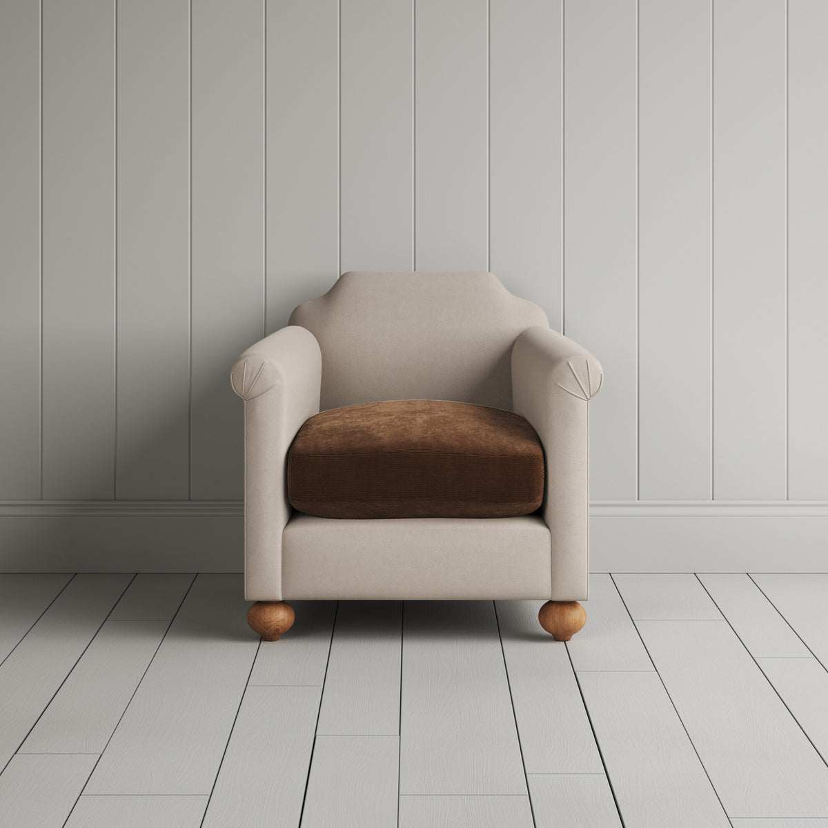 Dolittle Armchair in Laidback Linen Dove Frame and Classic Corduroy Tobacco Seat