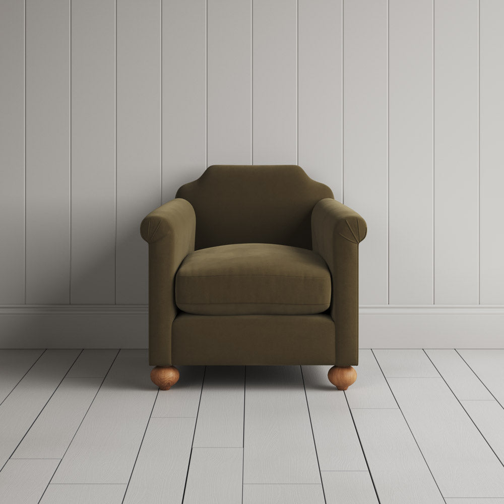 Front Profile of Dolittle Armchair in Intelligent Velvet Sepia
