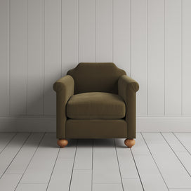 Front Profile of Dolittle Armchair in Intelligent Velvet Sepia
