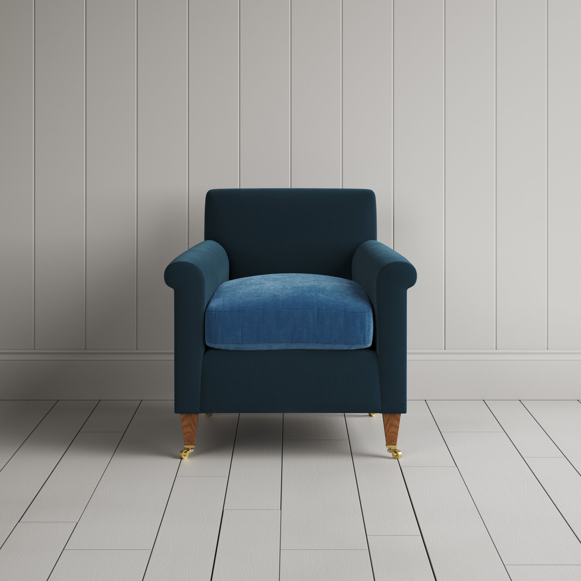  Idler Armchair in Intelligent Velvet Aegean Frame and Classic Corduroy Harbour Blue Seat front view 