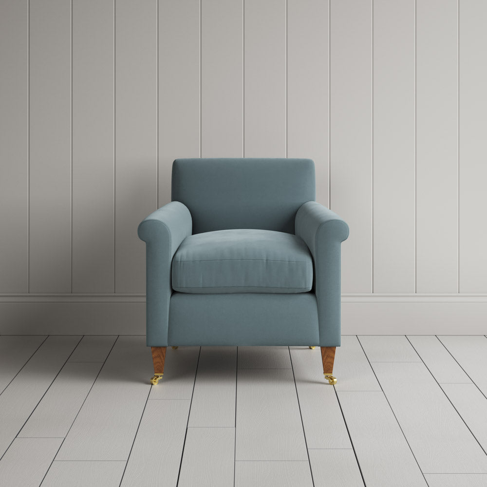 Front View of Idler Armchair in Intelligent Velvet Mineral