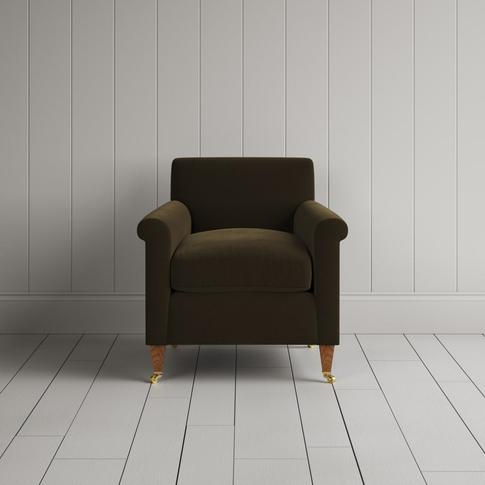 Front View of Idler Armchair in Intelligent Velvet Seaweed