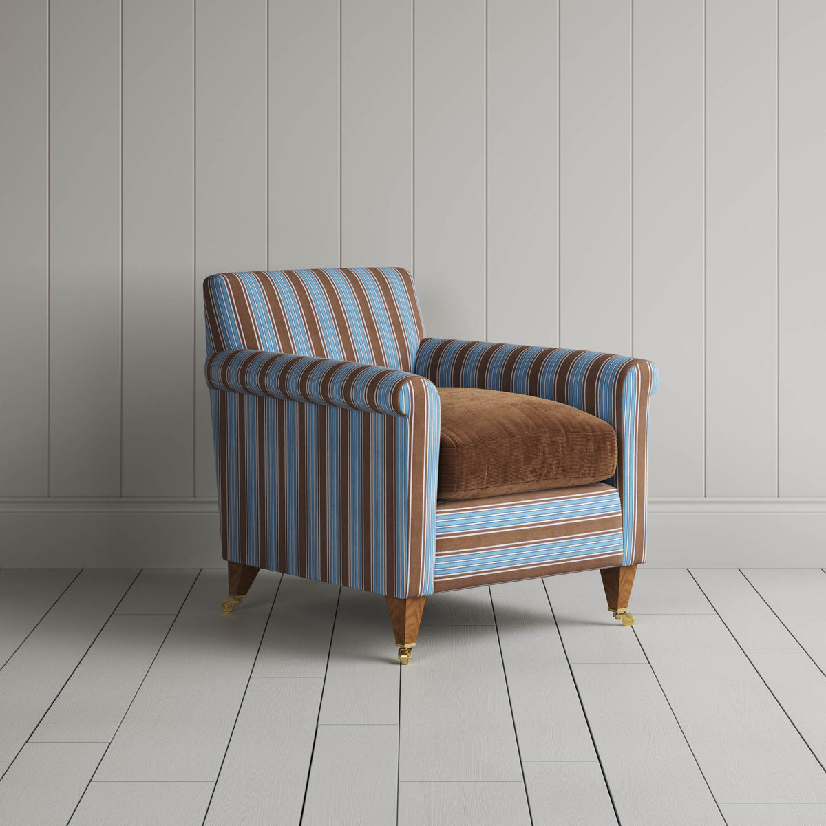 Idler Armchair in Regatta Blue Frame and Classic Corduroy Tobacco Seat angled view
