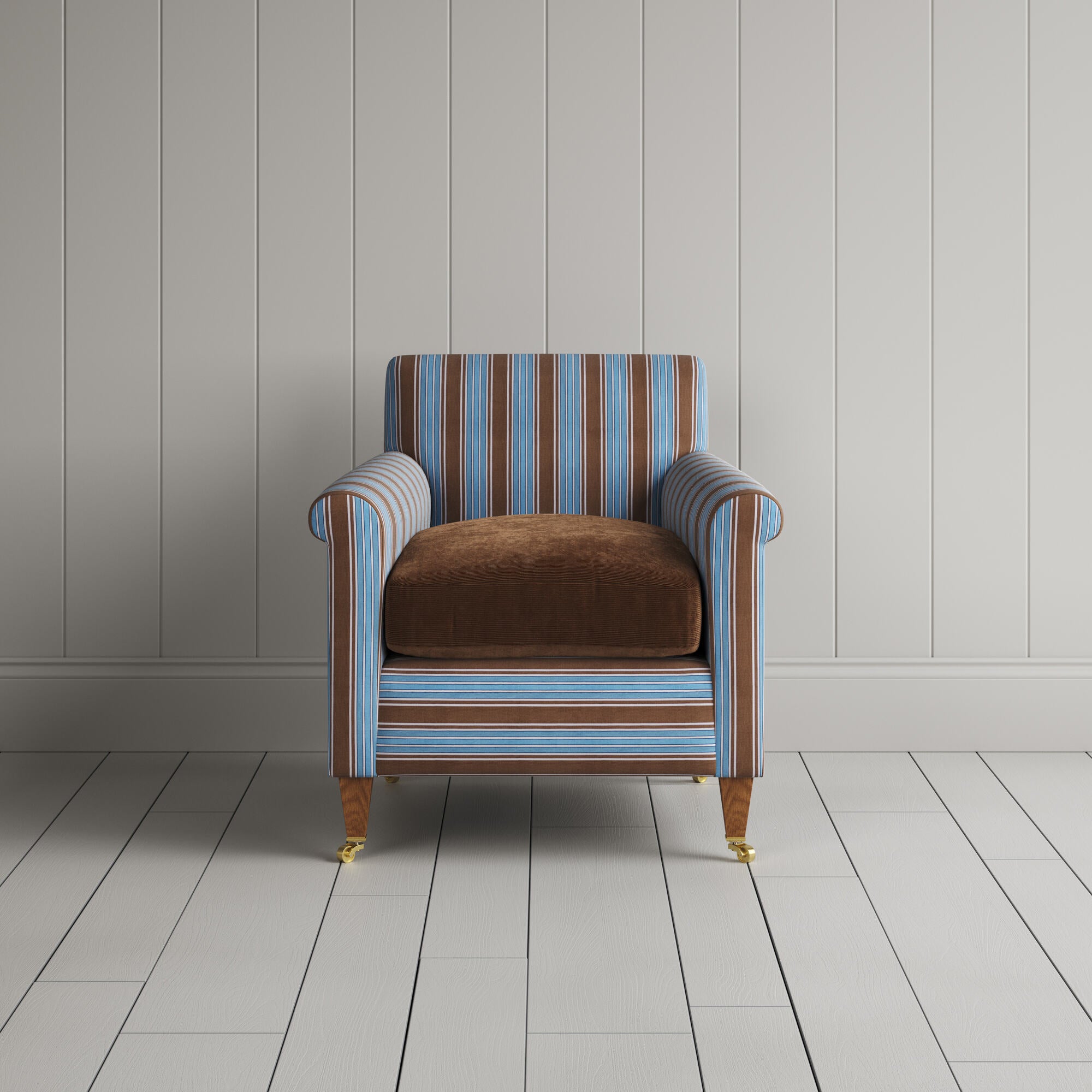  Idler Armchair in Regatta Blue Frame and Classic Corduroy Tobacco Seat front view 